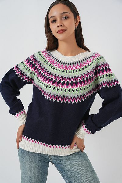 Merterium Women's Patterned Knitwear Sweater Navy Blue 1249