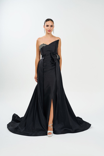 BDM Exclusive Tek Omuz Fiyonk Detaylı Tafta Kumaş El İşi Astarlı Abiye Elbise