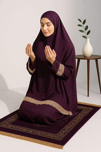 Defkay فستان صلاة نسائي من الدانتيل مع تنورة من قطعتين بلون موحد