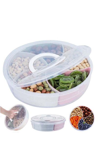 COOYA 31X31X7.5 cm Round Clear Organiser,5 Colourful Divider Boxes,with Lid and Handle,Half-Open Lid