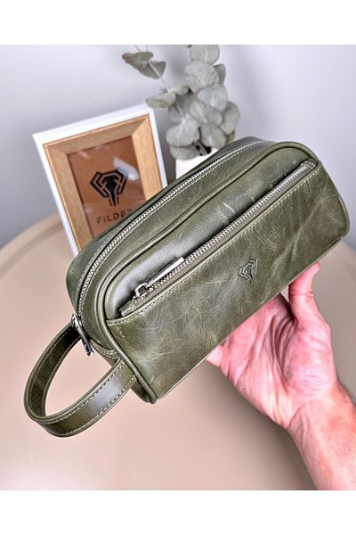 Fil Deri Genuine Leather Hand Grip Tape Zippered Men's Green Color Wallet 2109