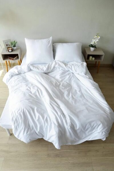 AC BOX White Double Fitted Sheet Buttoned Duvet Cover Set 100% Cotton 2 Pillowcases, 8