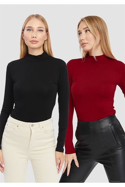 LAENT Women's Black Claret Red Stand Collar 2-Piece Bodysuit