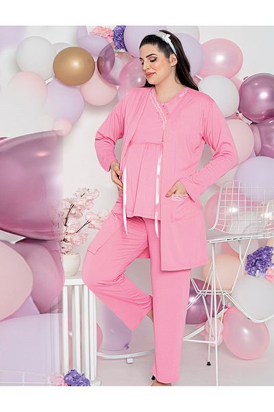 JENİKA Long Sleeve Lace Collar Pregnant and Maternity 3-Piece Cotton Pajama Set