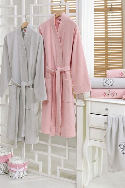 Cotton Box , Set de halat de baie si prosoape, Roz pastel/Gri deschis