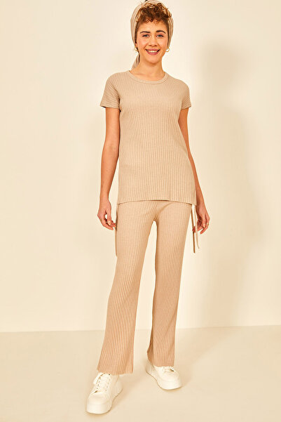 EYYE Beige Women's Cotton Gathered Side Ribbed Top and Bottom Set