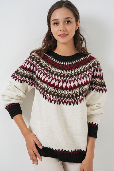 Merterium Women's Patterned Knitwear Sweater Ecru 1249