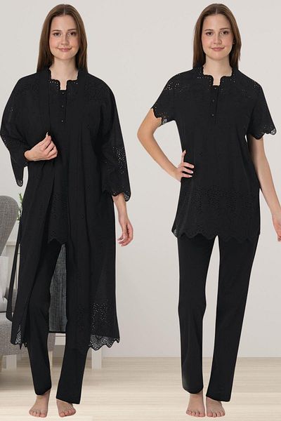 LOHOUSE Women's Black Fisto Linen Maternity Pregnant 3-Piece Pajama Set