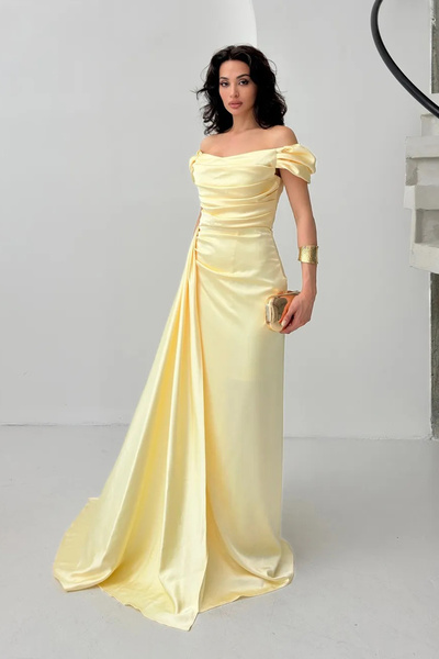 Feminist Drape Detaylı Saten Kumaş Abiye Elbise Sarı 9704858