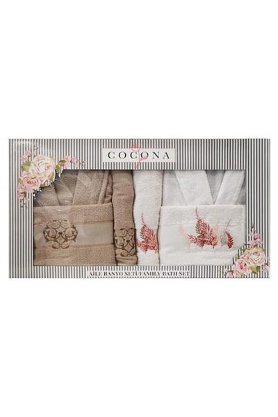 OEM Cocona bathrobe set, decorative embroidery, 100% cotton, 6 pieces - 2 bathrobes, 4 towels, white colors