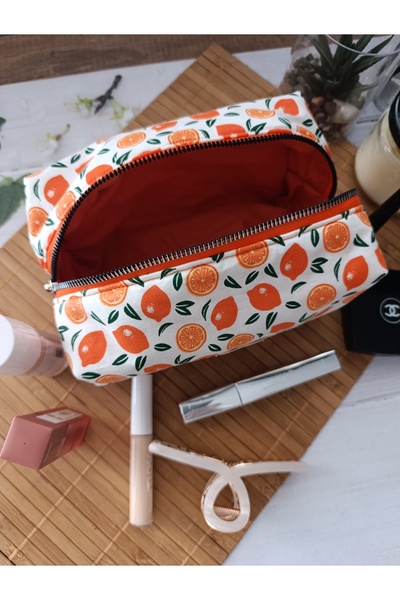 ÖZLEM HANDMADE حقيبة مكياج منقوشة باللون البرتقالي مقاس كبير