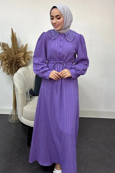 Tesettür Diyarı Women's Baby Collar Button Detailed Dress - Purple