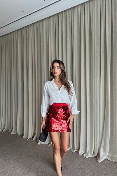 MAT Collection Kadın Kırmızı Payetli Mini Etek