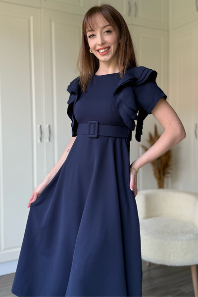 Dilay Gökoğlu Butik Ruffle Detailed Belted Midi Flared Navy Blue Dress
