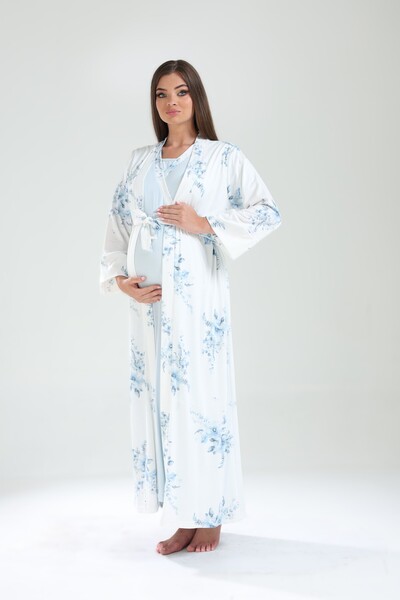 Pelin Women's Double-Breasted Collar Patterned Hidden Breastfeeding Maternity Nightgown Pajamas Set