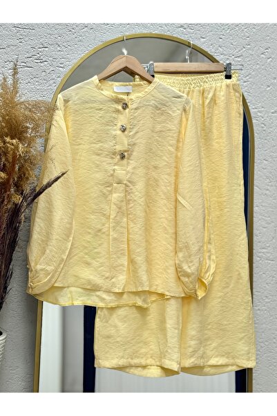 BENAHOLL بدلة لورونا بأكمام بالون وأزرار أمامية مع بنطال كوبرا مودال-NL520 أصفر