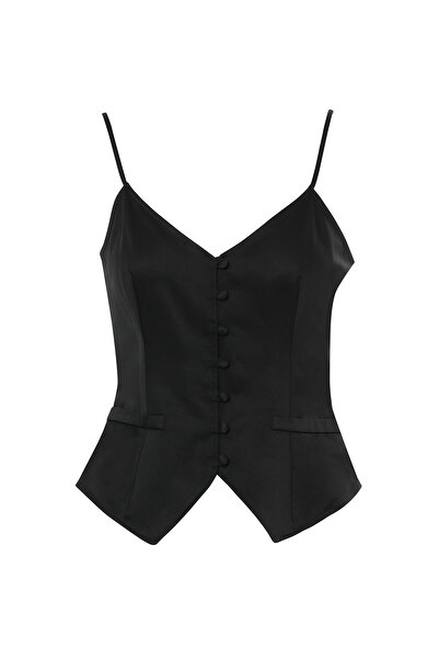 GİZİA Önden Düğmeli İp Askılı Siyah Bluz