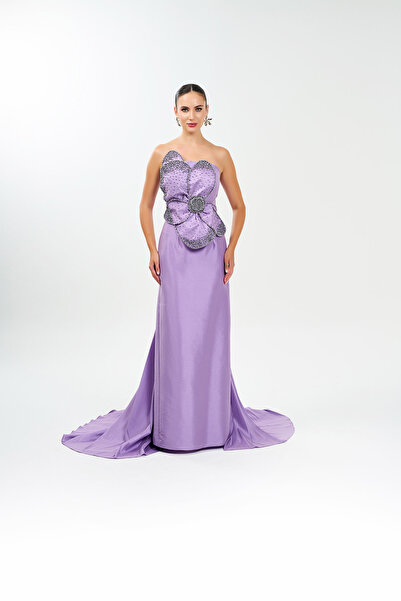 BDM Exclusive Straplez Büyük Çiçek Aplikli El İşi Taşlı Tafta Abiye Elbise