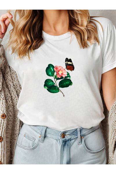 Sarah's Boutique Women's T-Shirt – 100% Cotton – FLOWER BUTTERFLY