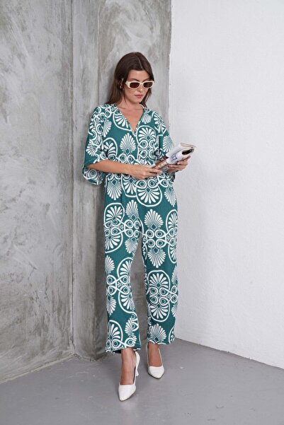 KAŞİHA Patterned Kuraveze Waist Elastic Crumpled Fabric Women's Jumpsuit