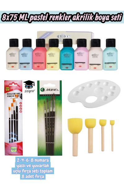 SEYFİKİRTASİYE 8x75 ML pastel renkler akrilik boya seti fırça palet seti