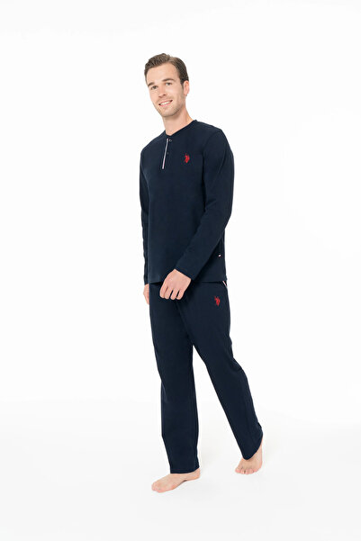 U.S. Polo Assn. Erkek Pijama Takımı, Cepli, %100 Pamuklu, Uzun Kollu, Yakası Düğmeli, Lacivert