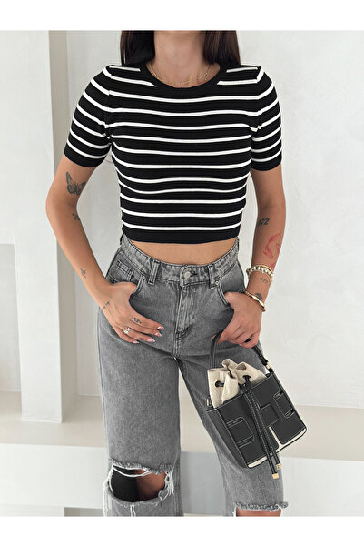 b buhari bykoc Bluză tricotată cu mânecă scurtă cu detaliu în dungi