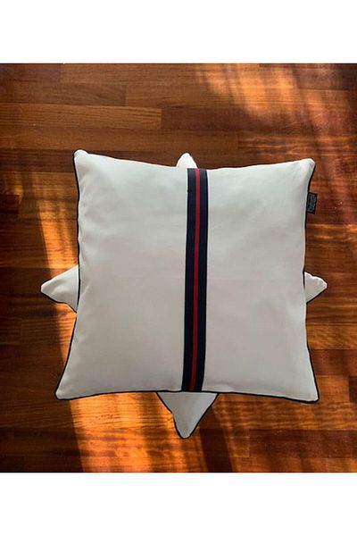 AC BOX White Vegan Navy Blue Leather Piping Cushion Ac Box 861931
