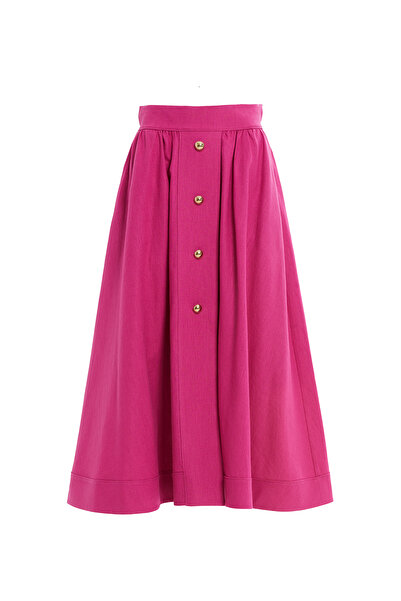 GİZİA Gold Düğmeli Pembe Keten Etek