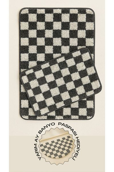 EUROBANO Half Moon Doormat Gift Checkered Pattern Non-Slip Base Washable 2 Piece Bath Mat Chess
