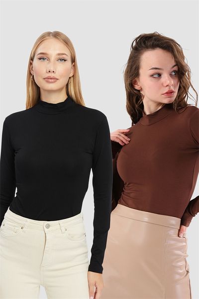 LAENT Women's Black Brown Stand Collar 2-Piece Bodysuit