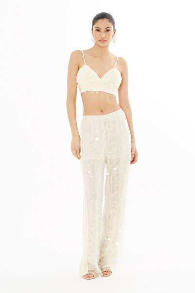 GİZİA Transparan Pul Payetli Ekru Pantolon