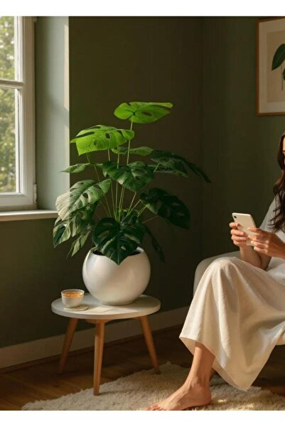 Nettenevime Yapay Çiçek Salon Bitkisi Monstera 70cm 18 Yaprak Beyaz Küre Saksıda