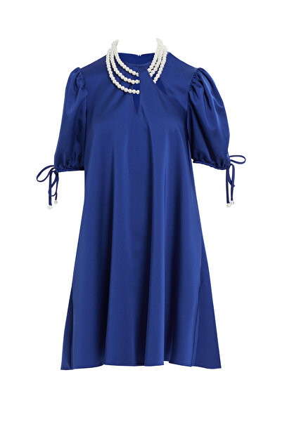 GİZİA İnci Kolye Detaylı Kolları Bağcıklı Lacivert Kısa Elbise