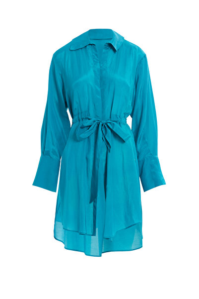 GİZİA Seyyar Kuşaklı Arkası Uzun Hafif Form Mavi Gömlek