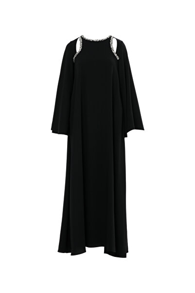GİZİA Pencere Detaylı Taş İşlemeli Uzun Siyah Elbise