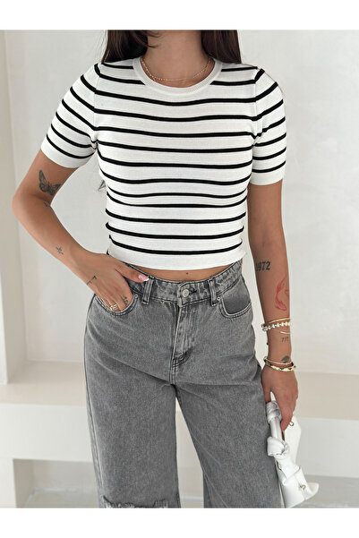 b buhari bykoc Bluză tricotată cu mânecă scurtă cu detaliu în dungi