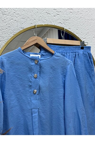 BENAHOLL Σετ παντελόνι Modal Cupra με μπροστινό κουμπί με μπαλόνια Loruna-NL520 Μπλε