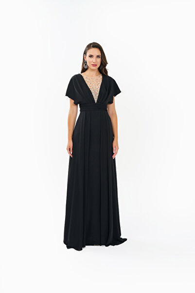 BDM Exclusive V Yaka El İşi Taş Detaylı Şifon ve Krep Uzun Abiye Elbise