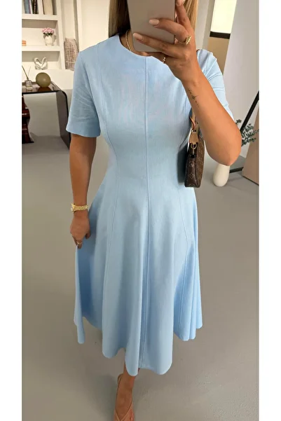 Sezgi Tekin Κοντομάνικο Baby Blue Λινό Φόρεμα Καμπάνα