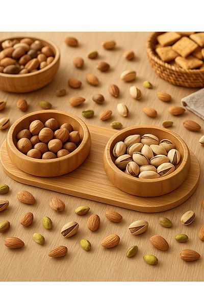 İLİVA 2-Piece Bamboo Stand Luxury Presentation Snack Bowl Serving Bowl Turkish Delight Bowl Sugar Bowl