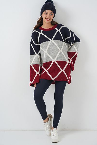 Merterium Women's Diamond Patterned Oversize Long Sweater Claret Red 1251
