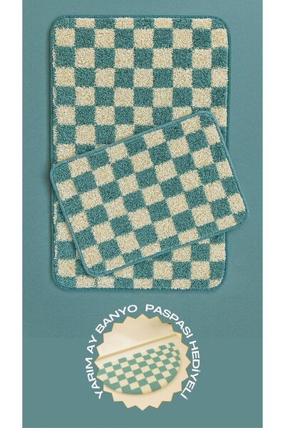 EUROBANO Half Moon Doormat Checkerboard Pattern Non-Slip Base Washable 2 Piece Bath Mat Chess