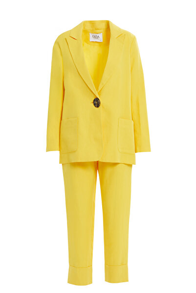 GİZİA Tek Cep Detaylı Ceket Ve Palazzo Pantolonlu Sarı Takım