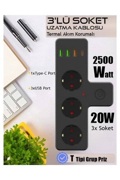 XİRA Smart Socket Thermal Protection 3 Socket Multi Current Socket |   3 Usb-A + 1 Usb-C 2500W 10A Pd 20W