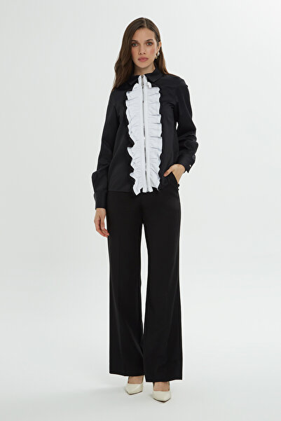 GİZİA Yakası Fırfır Detaylı Fermuarlı Siyah Düz Poplin Gömlek