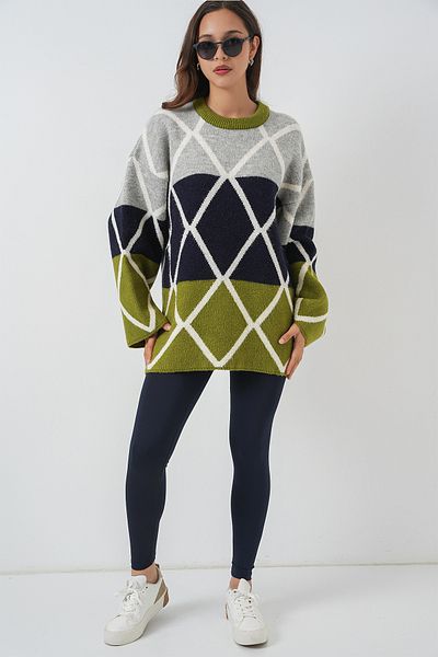 Merterium Women's Diamond Patterned Oversize Long Sweater E.Green 1251
