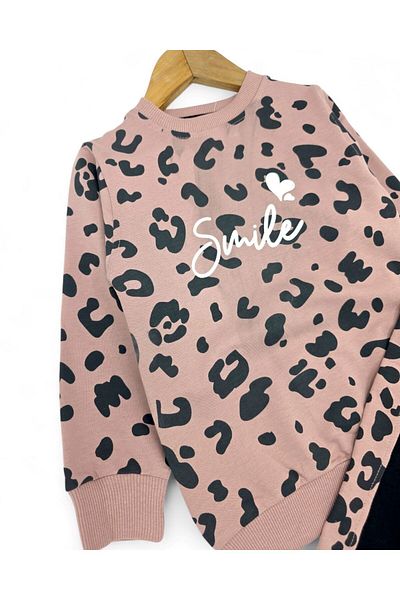 Ege Bebek Girl's Smile Printed Sweatshirt, Wide Leg Tracksuit Bottom, 2 Thread 3-10 Years Old Girl Tracksuit Set