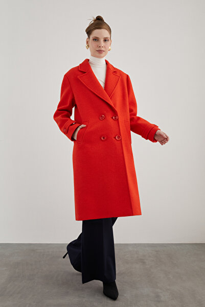 GİZİA Arkası Yırtmaçlı Düşük Omuz Midi Boy Oranj Kaşe Kaban