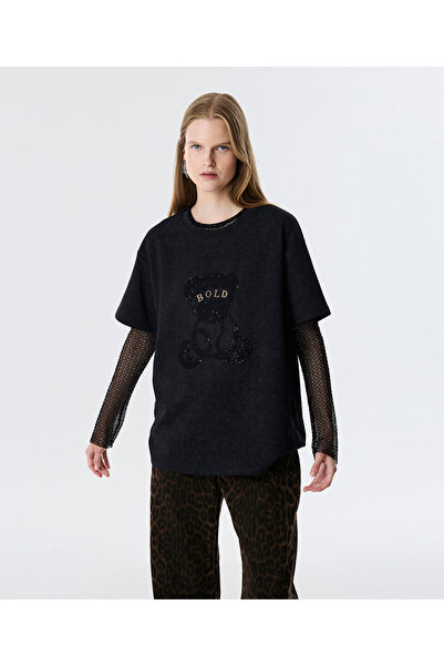 Twist Nakış ve Sloganlı Antrasit Kadın T-Shirt Tw6250070071